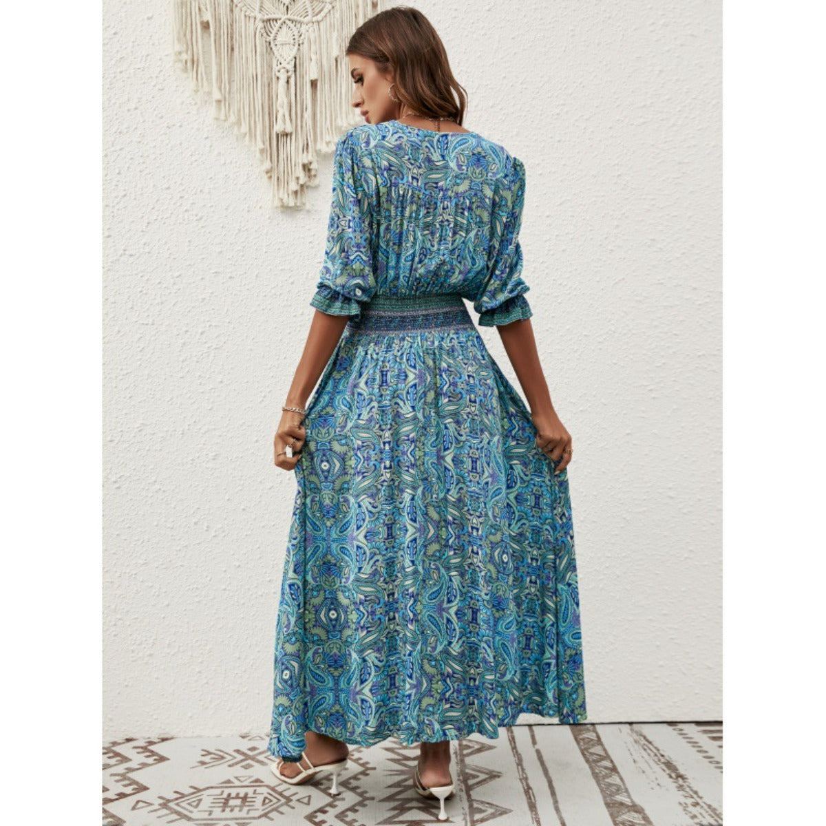 Printed Long Dress with Lantern Sleeves and Waist Tie