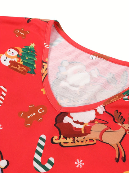 Plus Size Christmas Pajama Set with V-Neck Top and Printed Pants