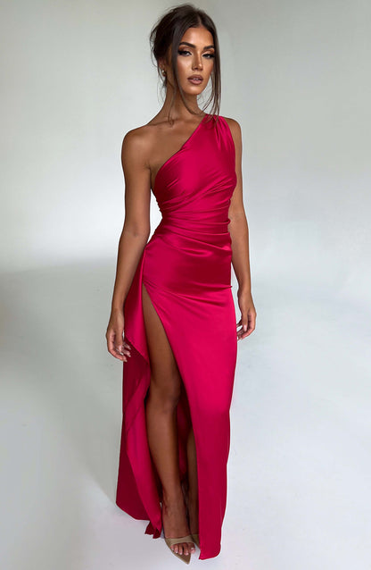 Elegant One-Shoulder Satin Maxi Dress