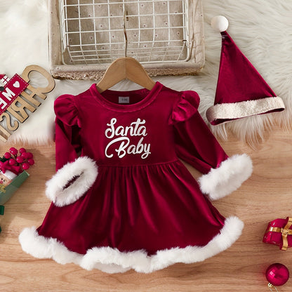 Festive Baby Outfit with Faux Fur Trim and Matching Hat