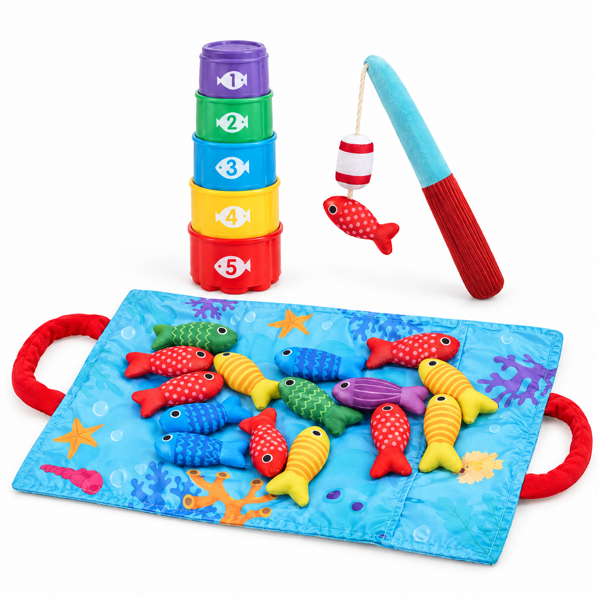 Baby fishing game with 15 plush fish, fishing rod and stacking cups