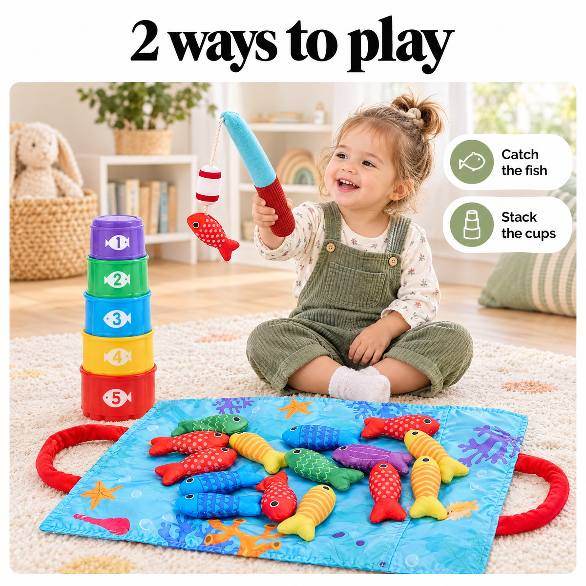Baby fishing game: catch the fish and stack the cups