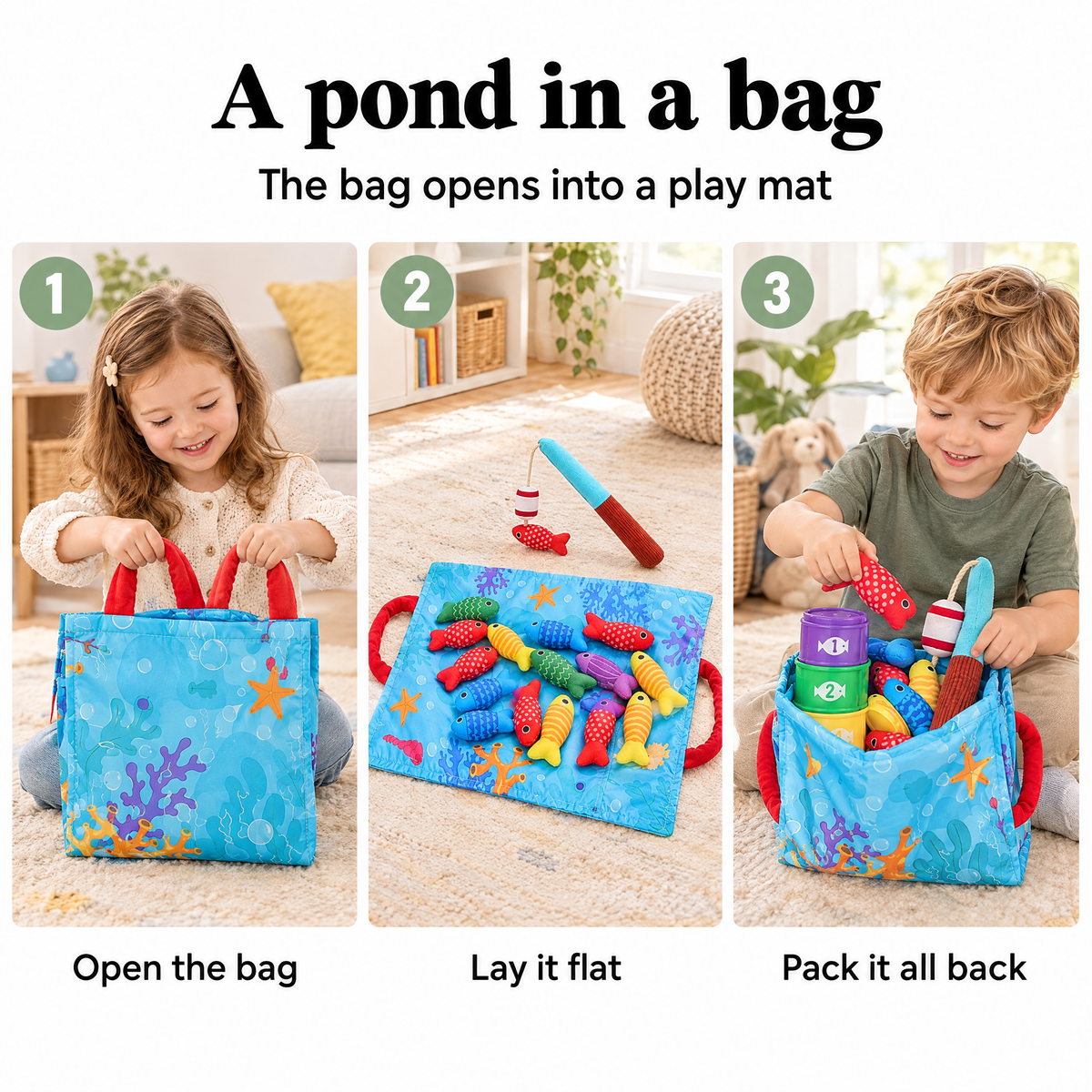 Baby fishing game pond bag opens into a play mat