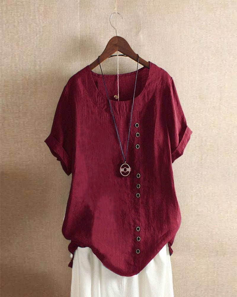 Short Sleeve Cotton Blouse with Button Detail
