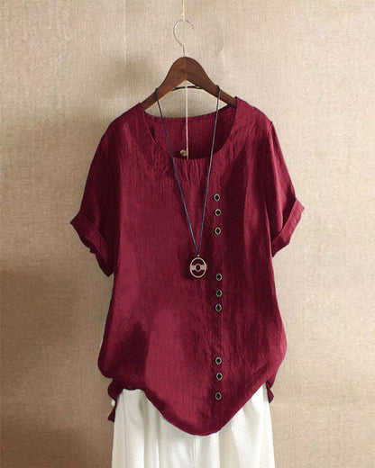 Short Sleeve Cotton Blouse with Button Detail
