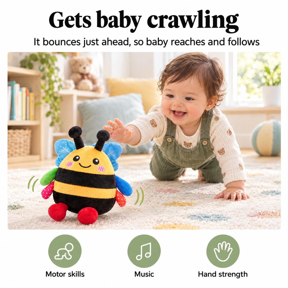 Bouncing bee baby toy encourages crawling and tummy time