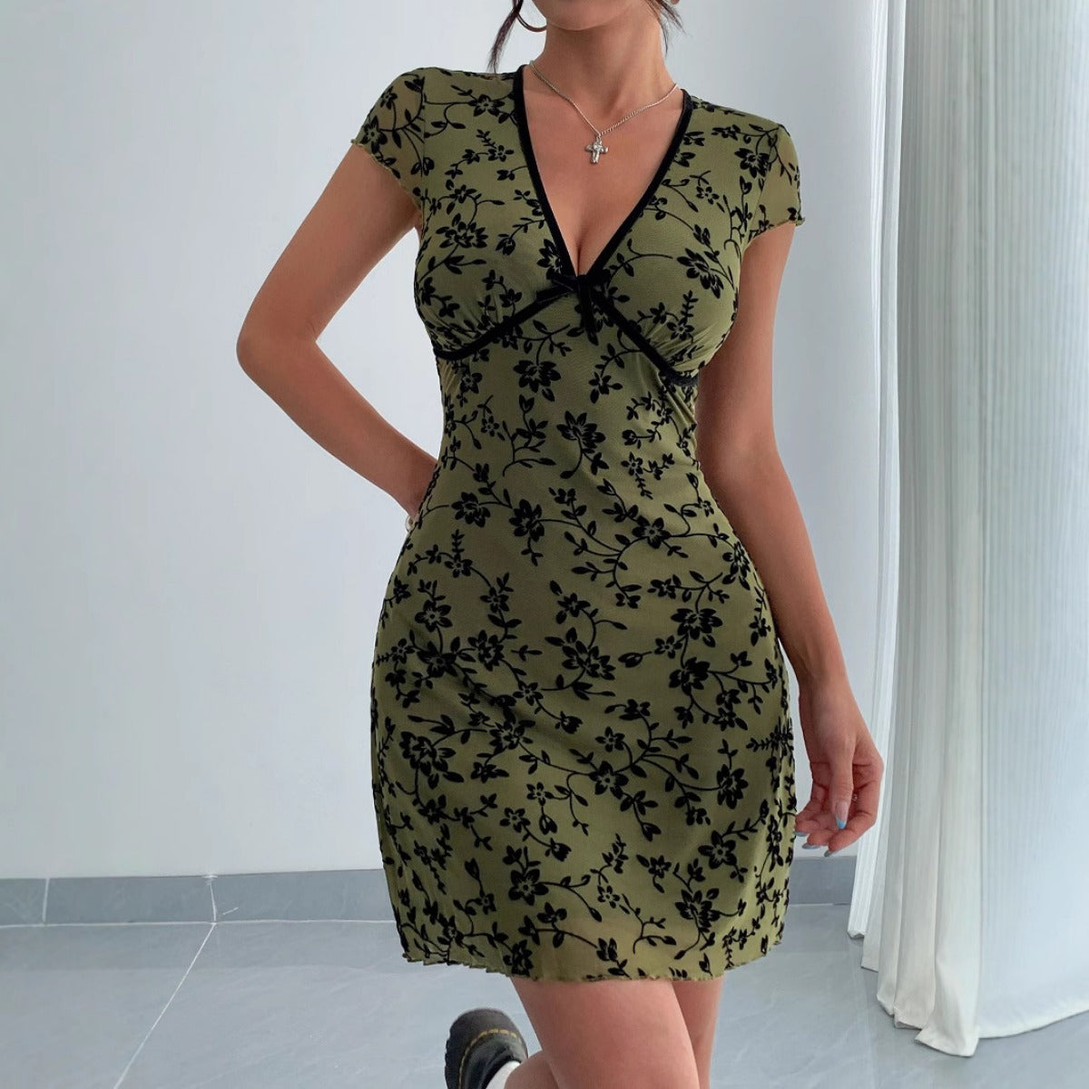 Short Sleeve Green Dress with Floral Print