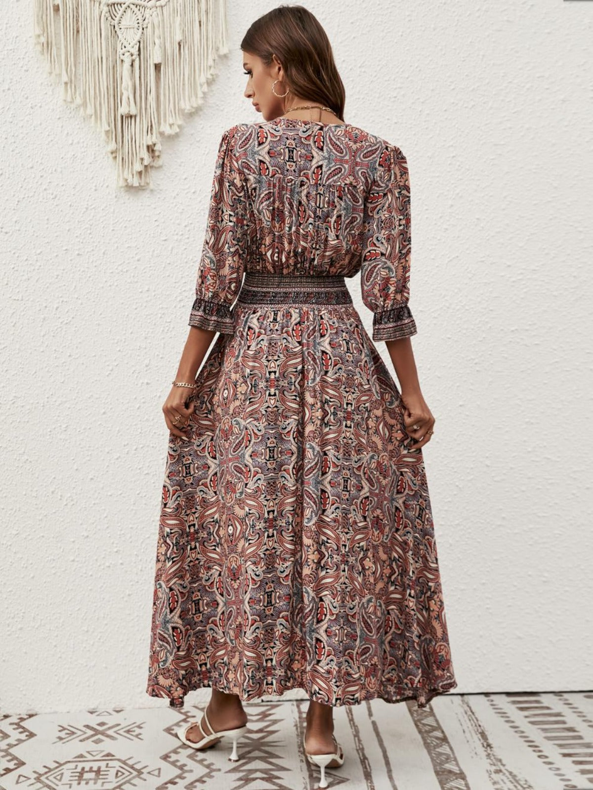 Printed Long Dress with Lantern Sleeves and Waist Tie