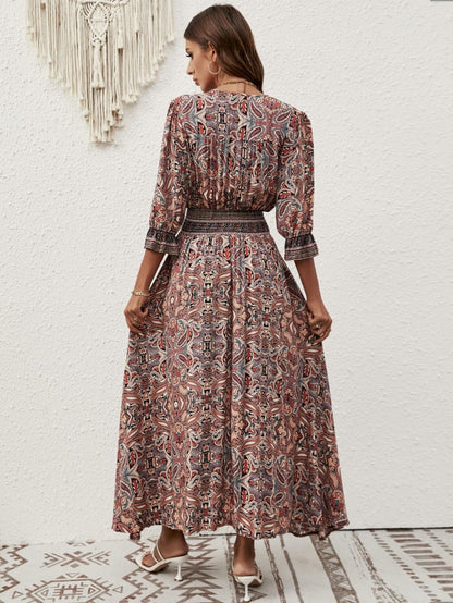 Printed Long Dress with Lantern Sleeves and Waist Tie