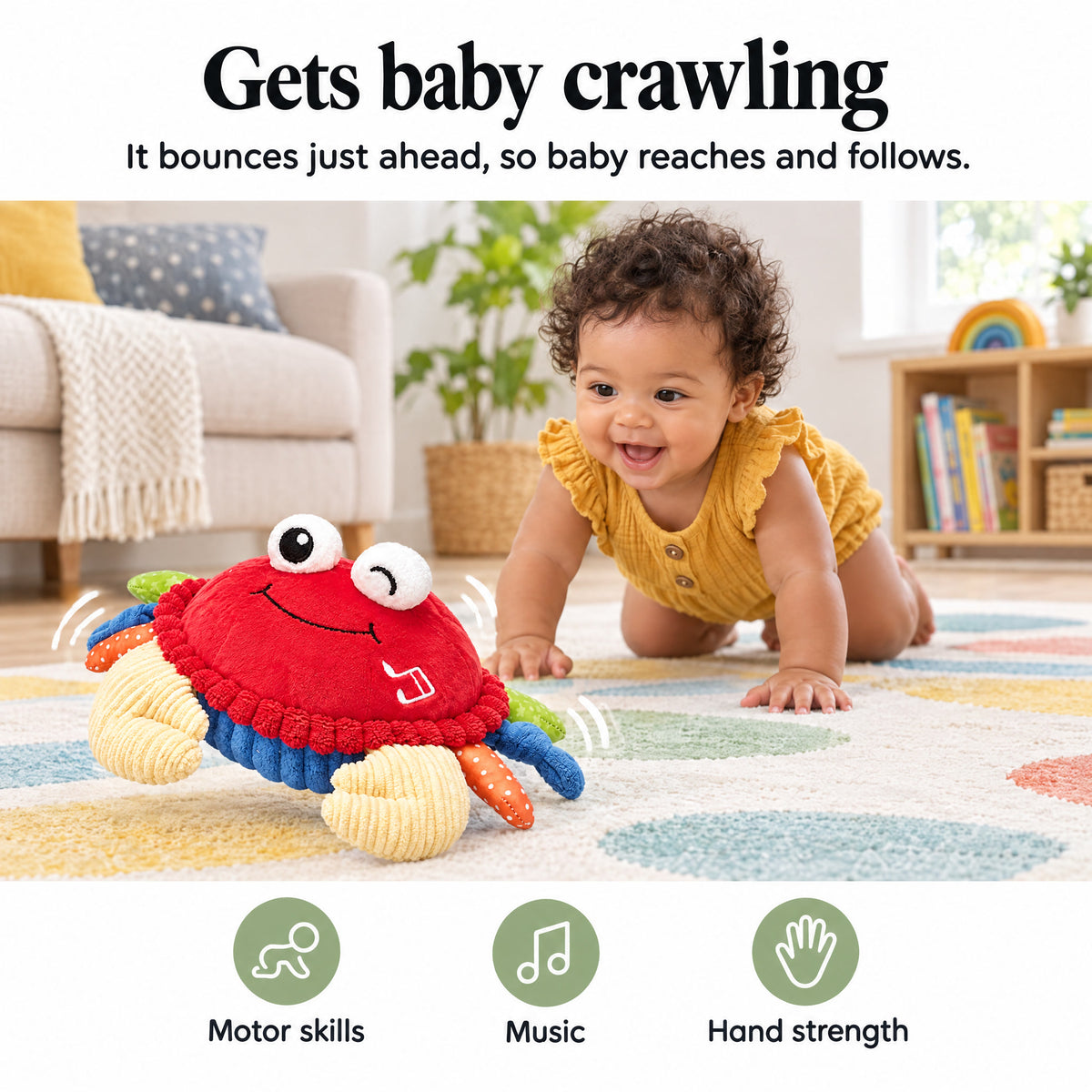 Crawling crab baby toy encourages crawling and tummy time
