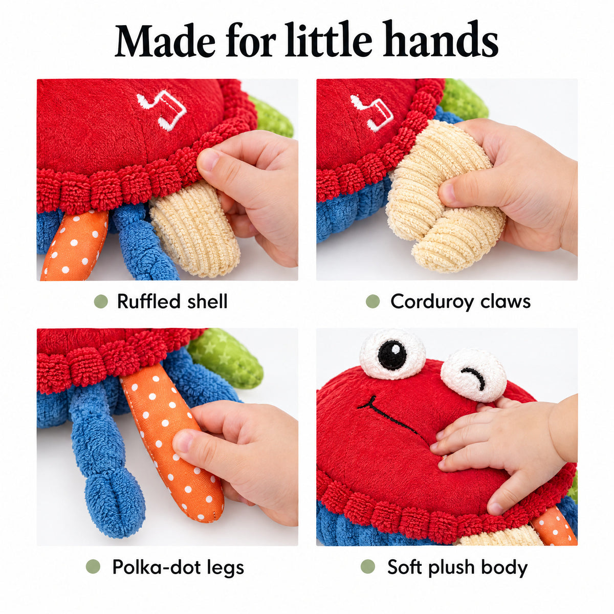 Soft textures on the crawling crab baby toy