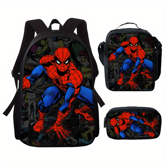 3-Piece Backpack Set with Cartoon Graphic and Zipper Closures