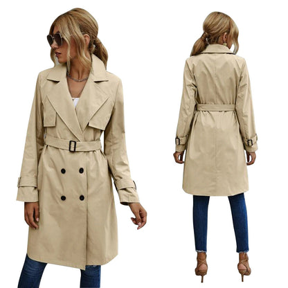 Women's Knee-Length Double Breasted Trench Coat with Belt