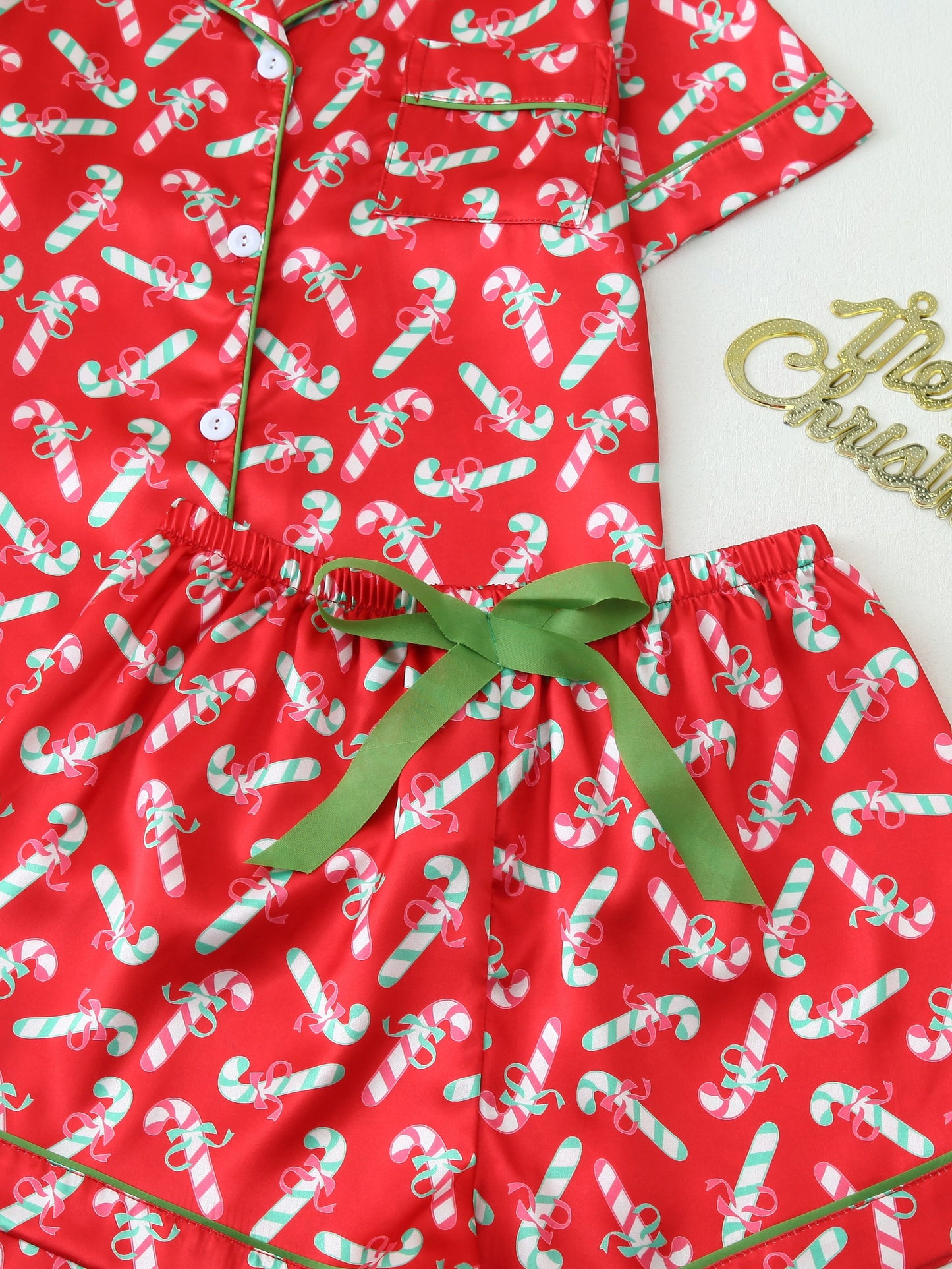 Short-Sleeve Button-Up Pajama Set with Christmas Print