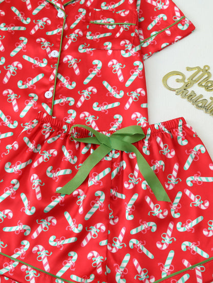 Short-Sleeve Button-Up Pajama Set with Christmas Print