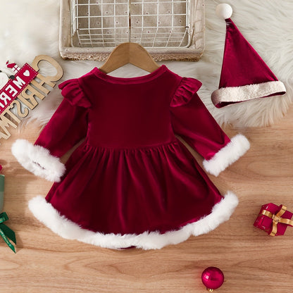Festive Baby Outfit with Faux Fur Trim and Matching Hat