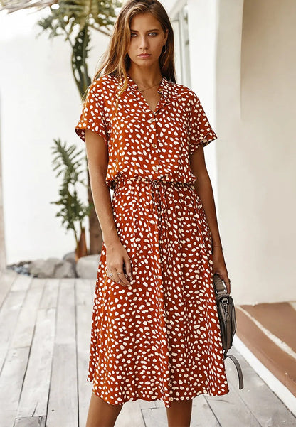 Women's Midi Printed Dress with Short Sleeves