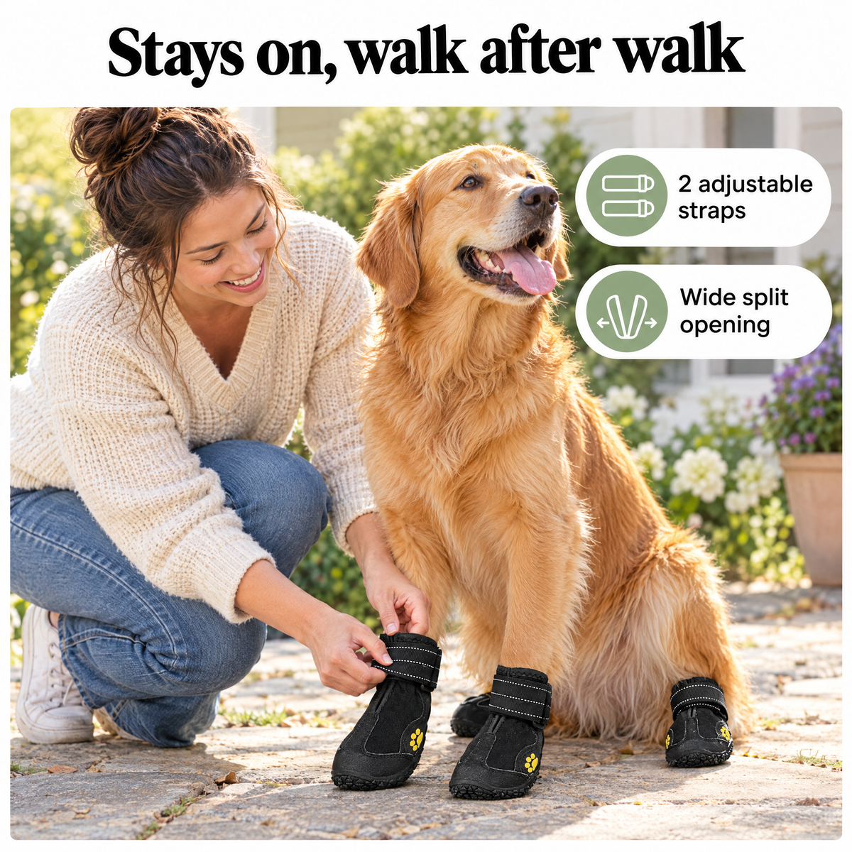 Dog boots with 2 adjustable straps and wide split opening