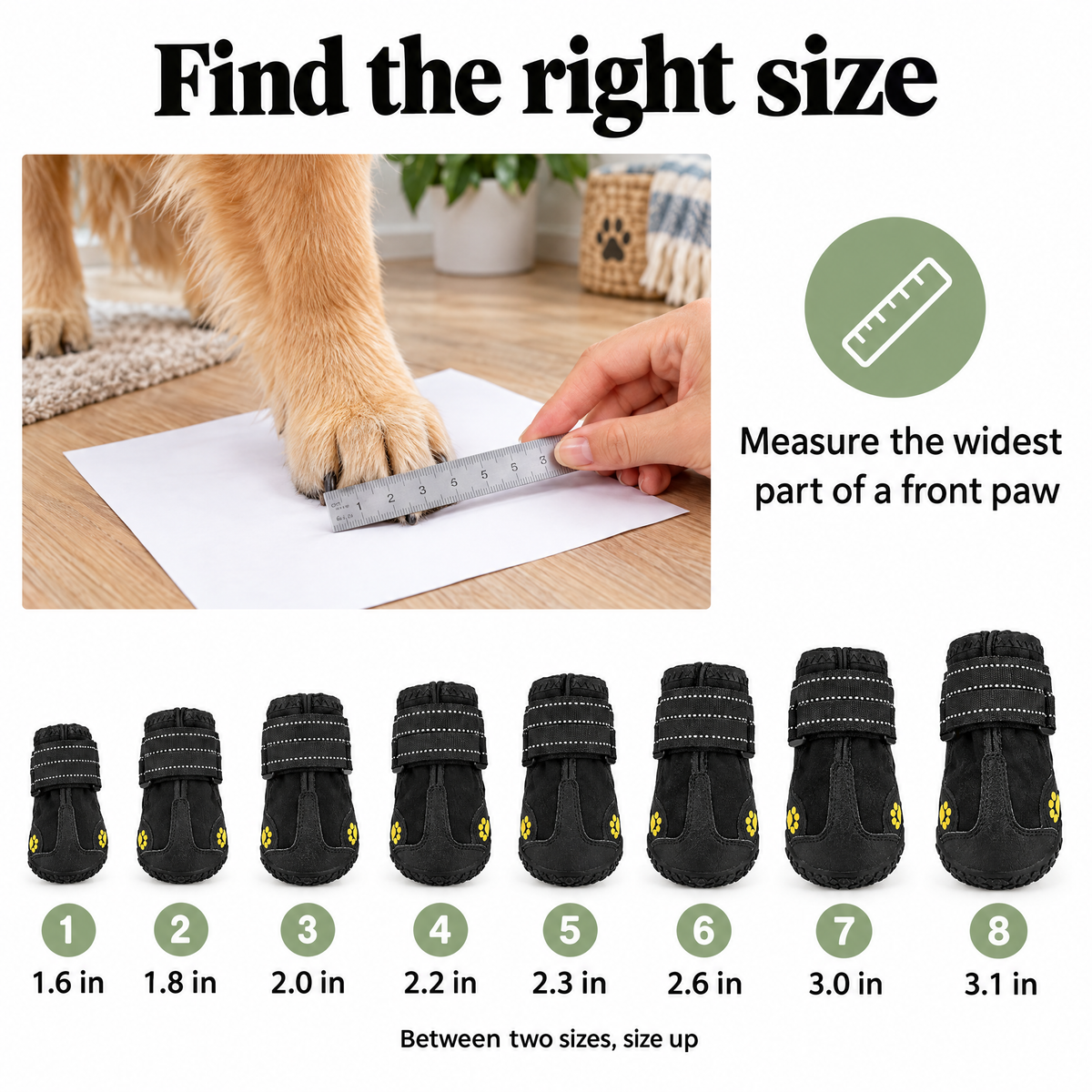 Dog boots size chart by paw width