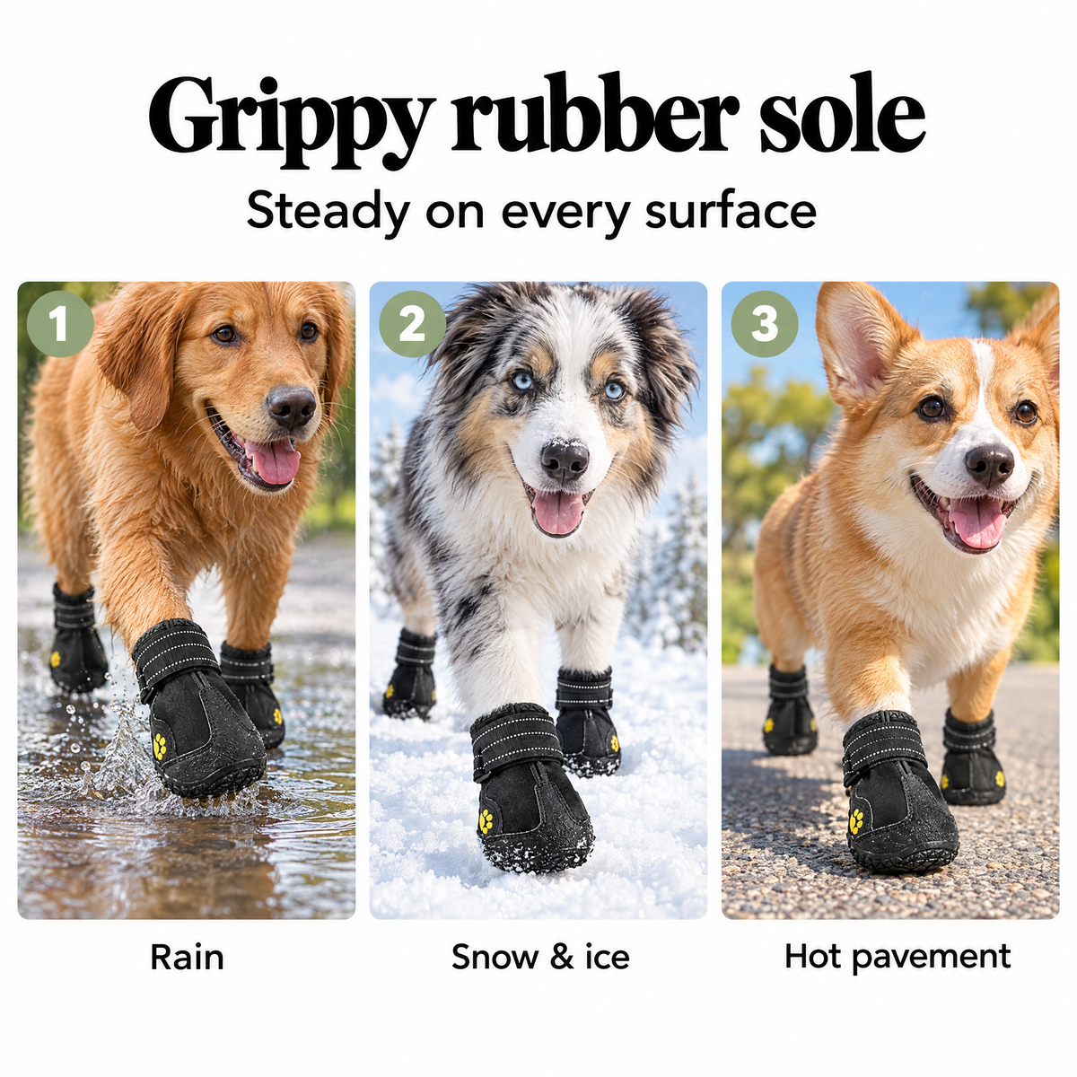 Non-slip dog boots for rain, snow, ice and hot pavement