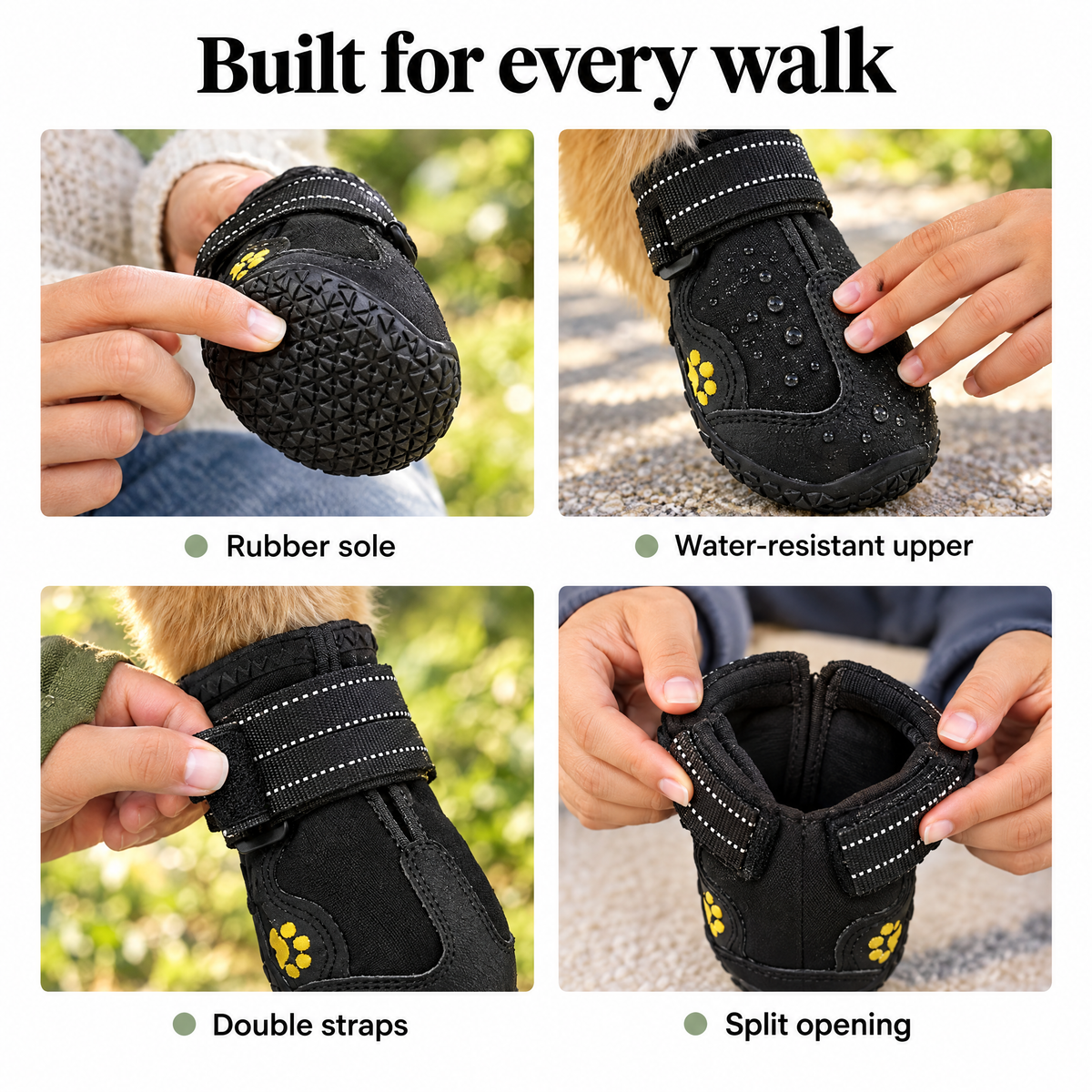 Dog boot details: rubber sole, water-resistant upper, double straps
