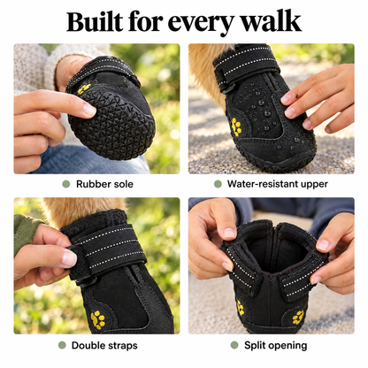 Dog boot details: rubber sole, water-resistant upper, double straps
