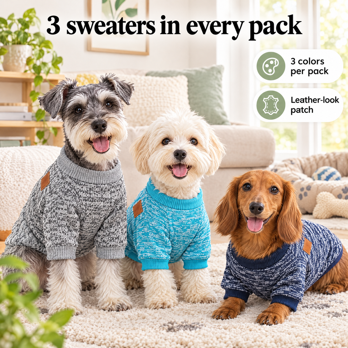 Dog sweater 3-pack with leather-look patch