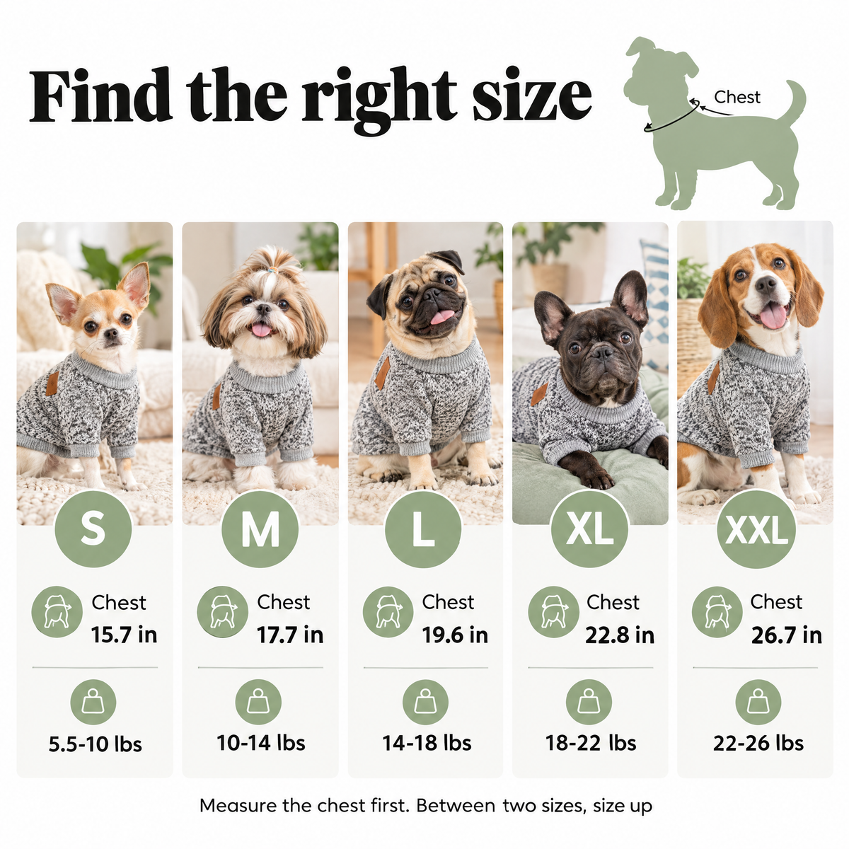 Dog sweater size chart S to XXL by chest