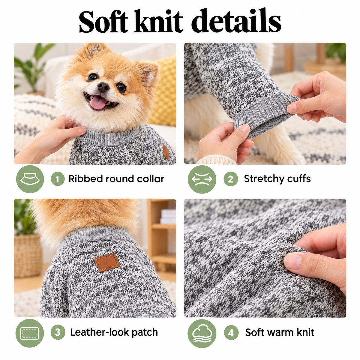 Dog sweater details: ribbed collar, stretchy cuffs, soft knit