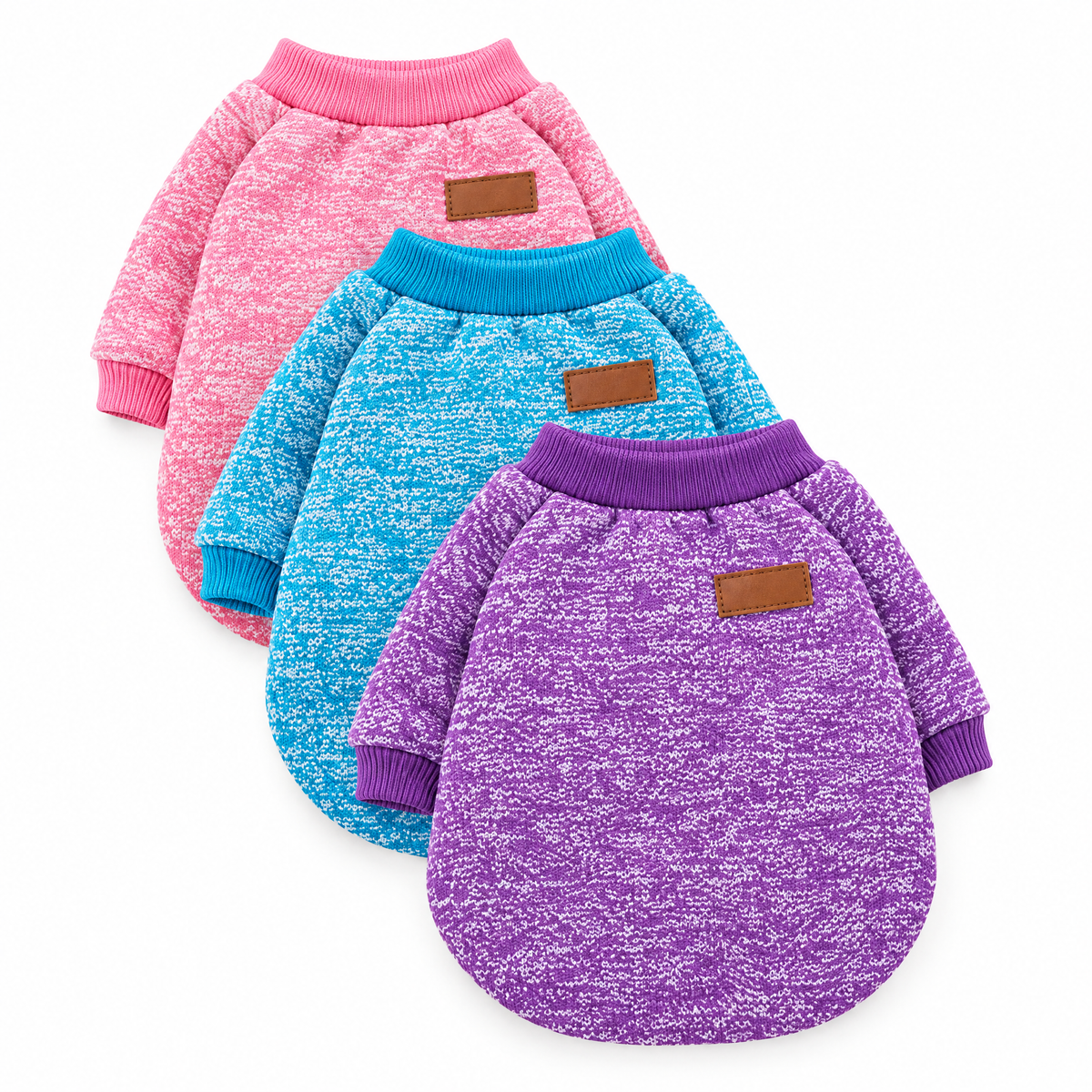 Dog sweaters 3-pack, purple, sky blue and pink