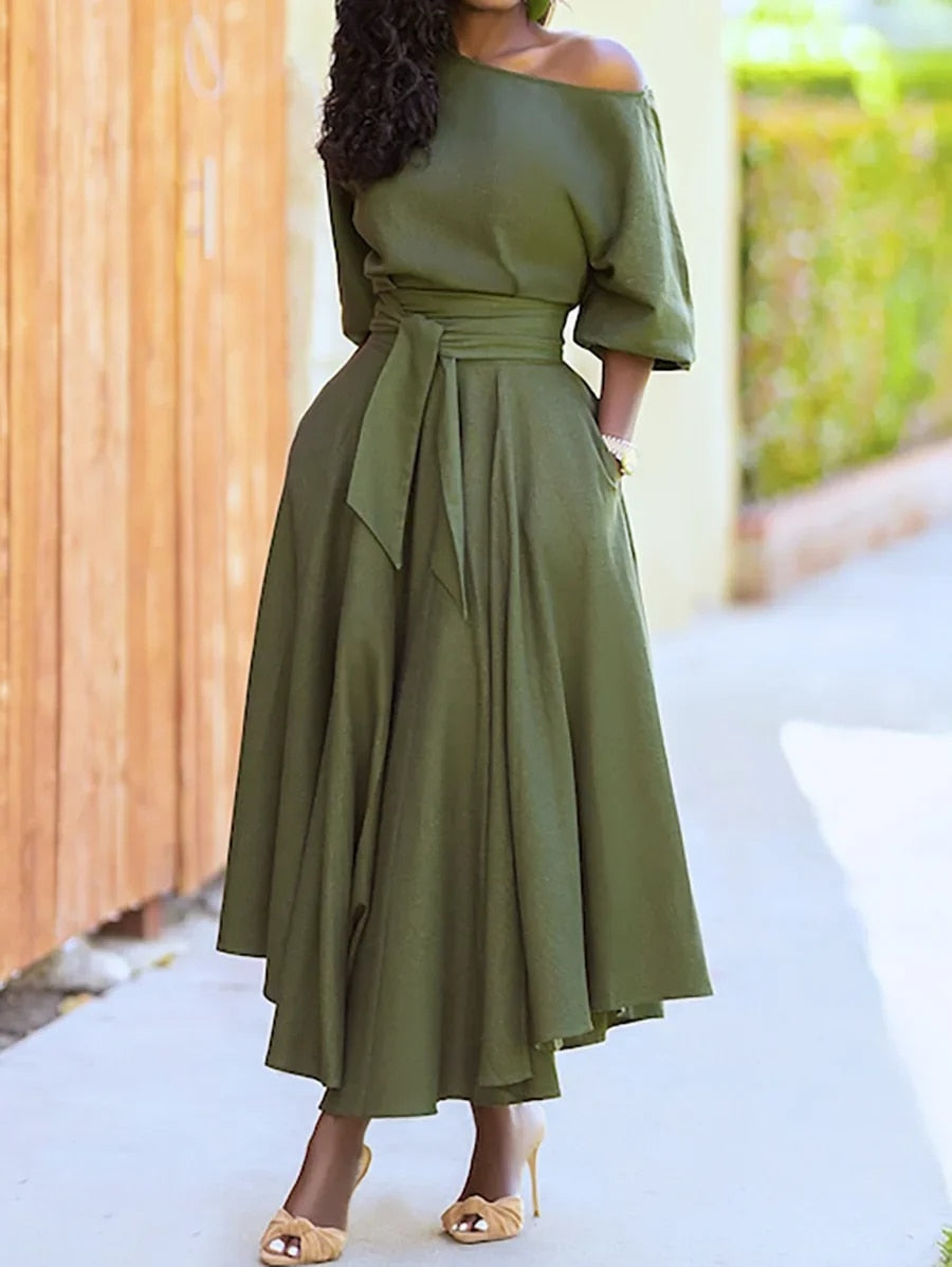 Elegant Off-the-Shoulder Lantern Sleeve Dress