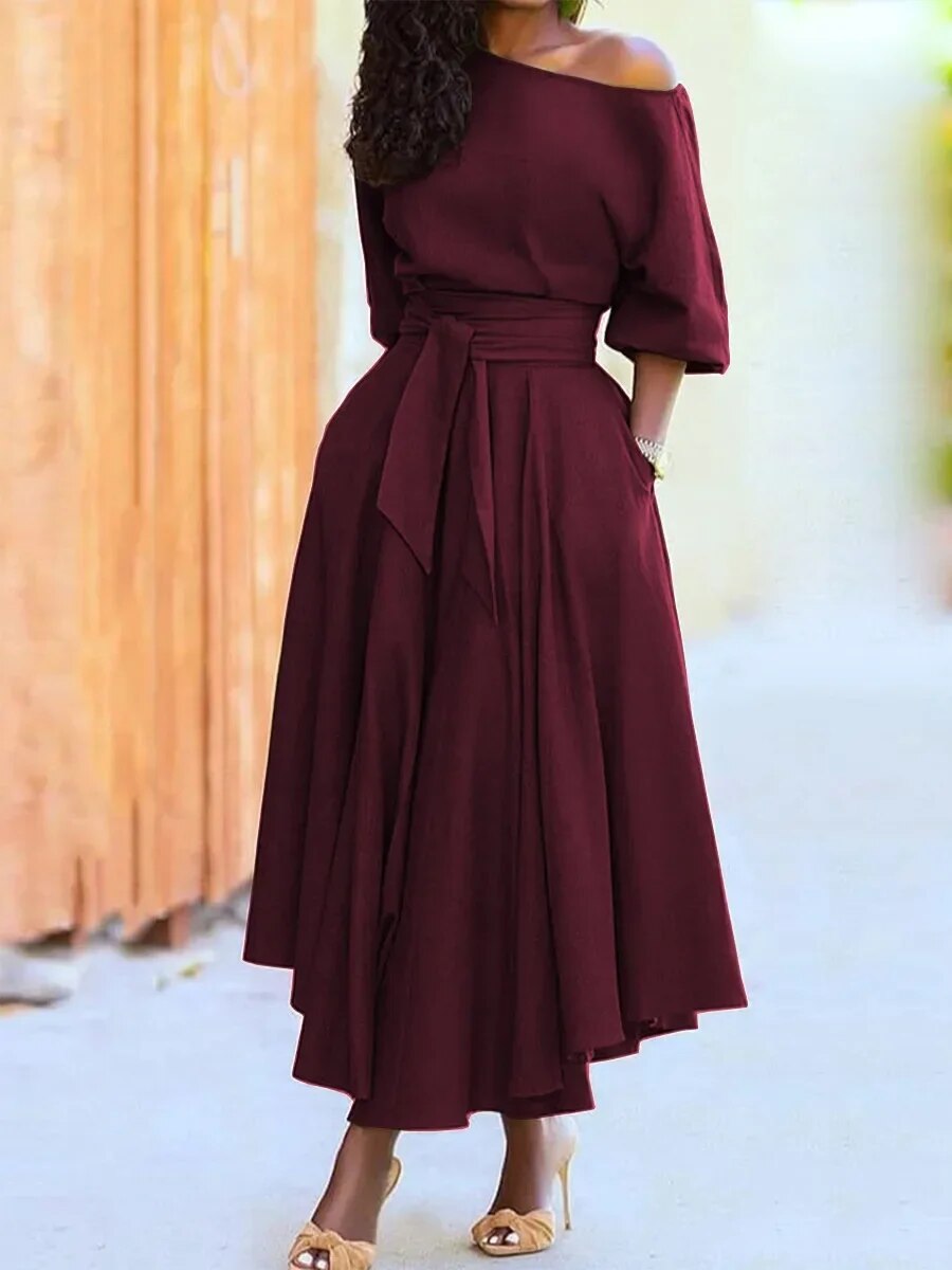 Elegant Off-the-Shoulder Lantern Sleeve Dress