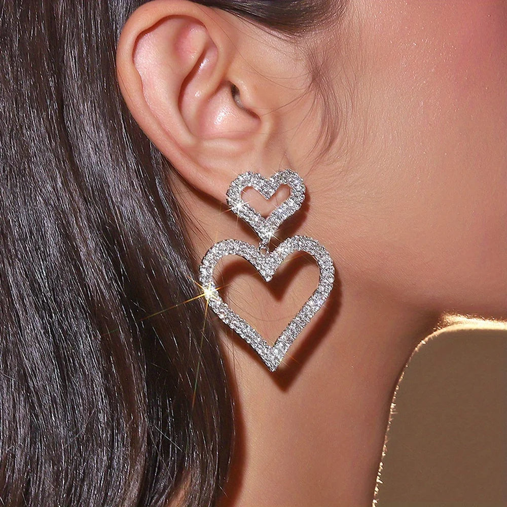 Silver Glow Double Heart Earrings