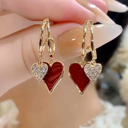 Retro Rhinestone Double Heart Earrings