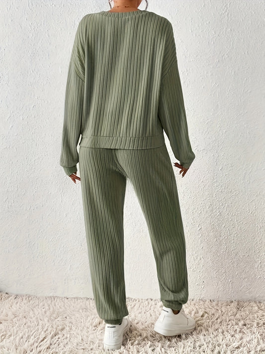 Women’s Ribbed V-Neck Loungewear Set – Two-Piece Solid Color