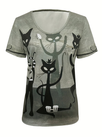 Women’s Casual V-Neck T-Shirt with Cat Print – Olive