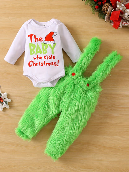 Festive Baby Bodysuit and Fuzzy Suspender Pants Set