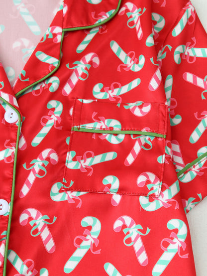 Short-Sleeve Button-Up Pajama Set with Christmas Print