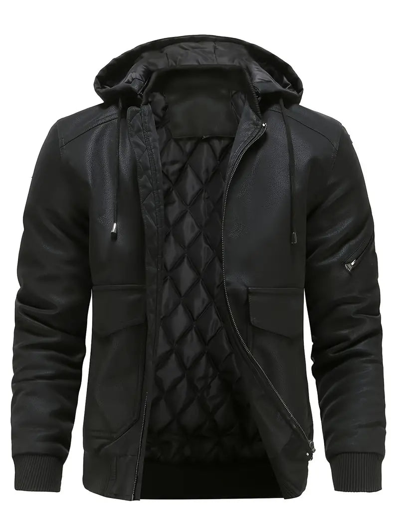 Men's Hooded Quilted Bomber Jacket with Front Zip