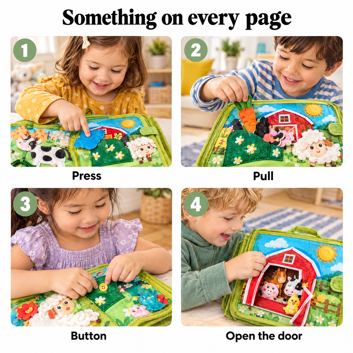 Busy book activities: press, pull, button, open the door