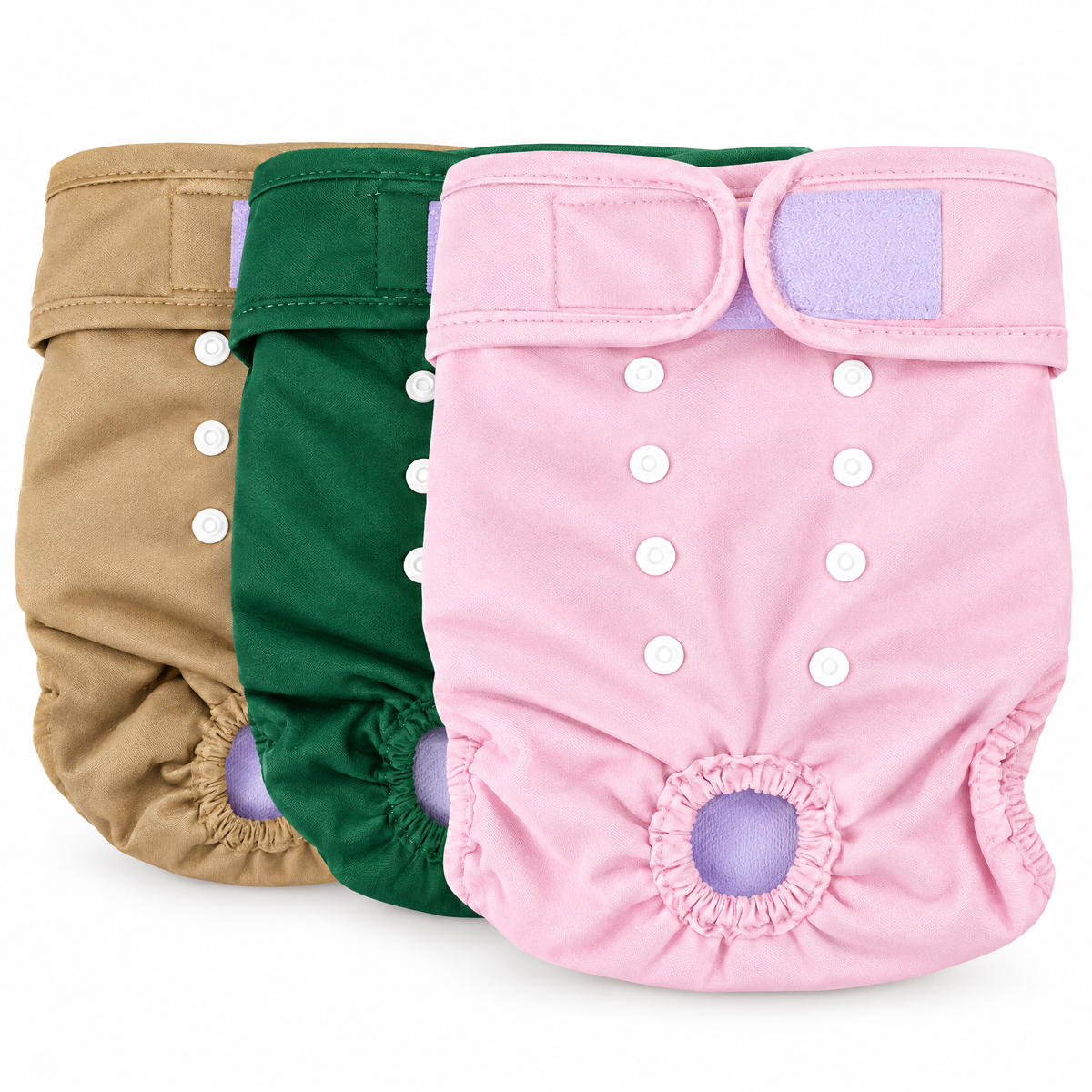Female dog diapers, washable reusable 3-pack, pink, green and brown