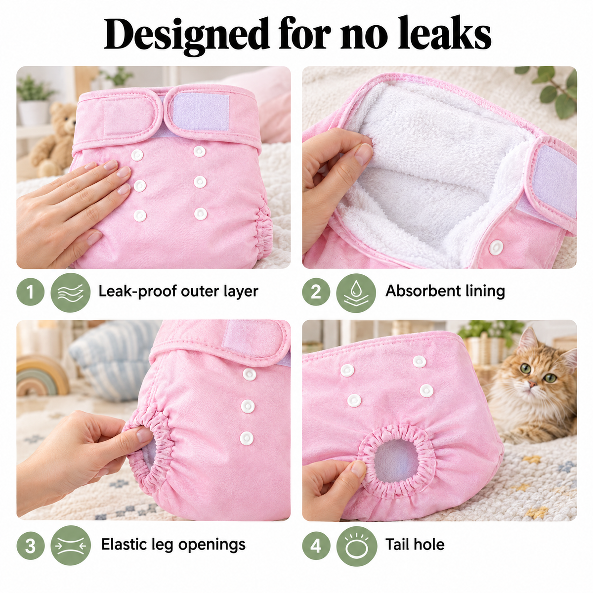 Leak-proof dog diaper details: absorbent lining, elastic legs, tail hole