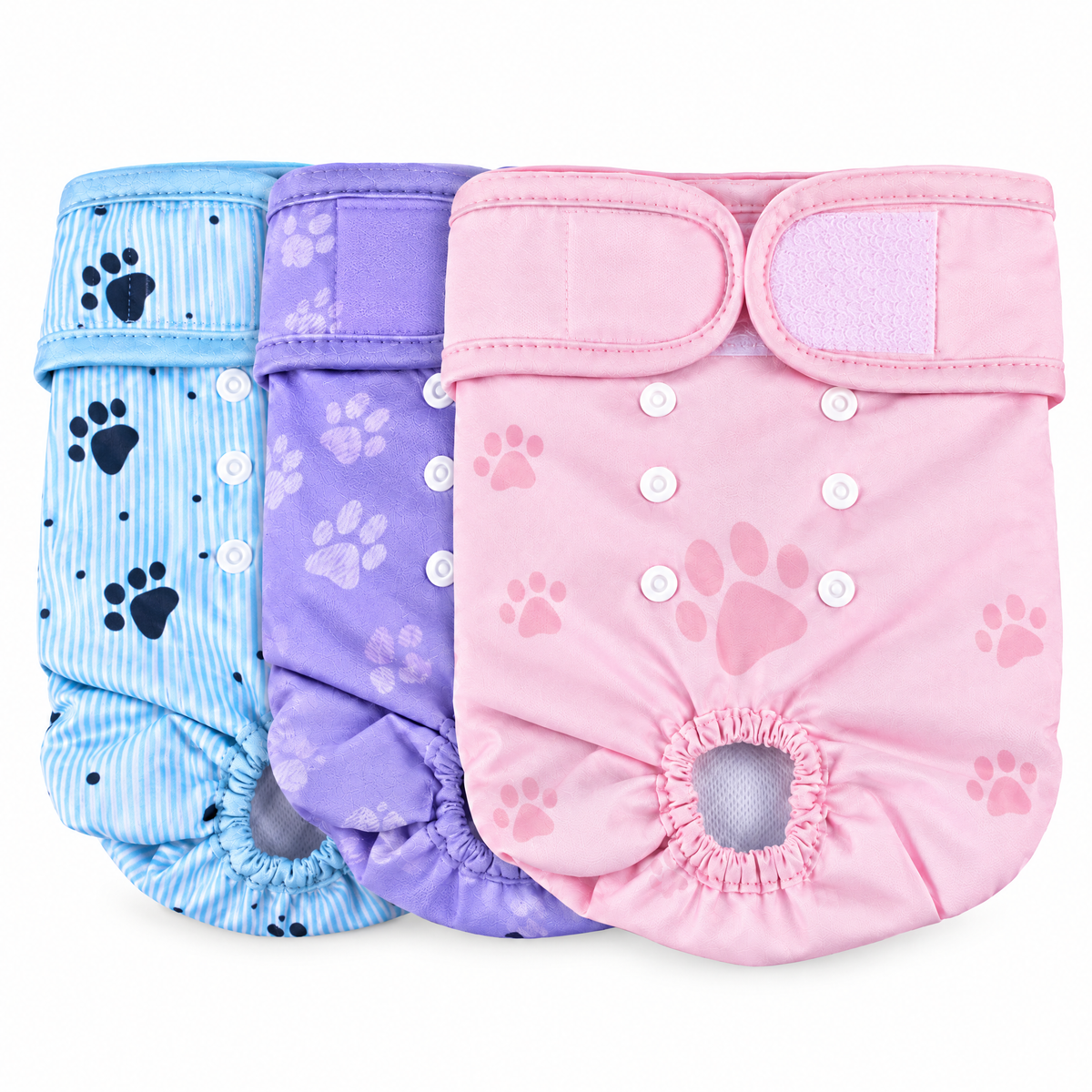 Female dog diapers 3-pack, blue, lavender and pink paws