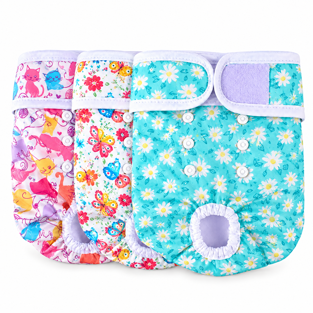 Female dog diapers 3-pack, cats, butterflies and daisies