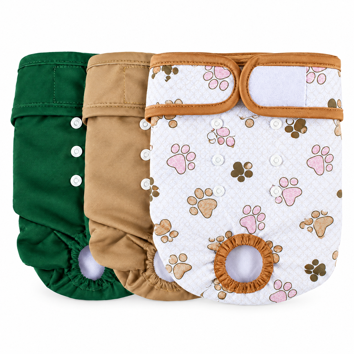 Female dog diapers 3-pack, paw prints, brown and green