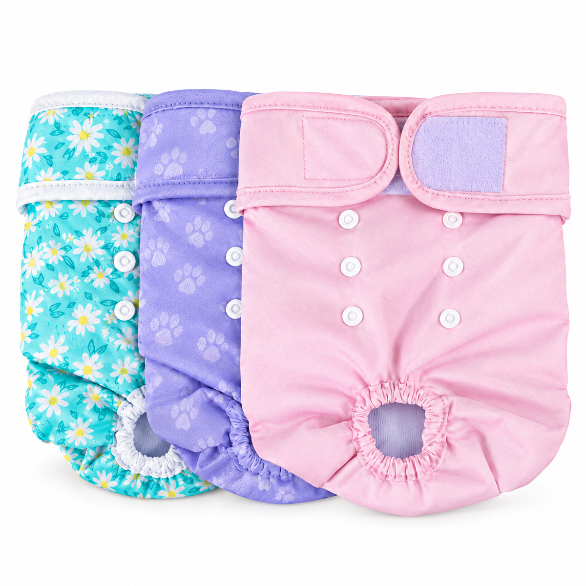 Female dog diapers 3-pack, pink, lavender paws and daisies