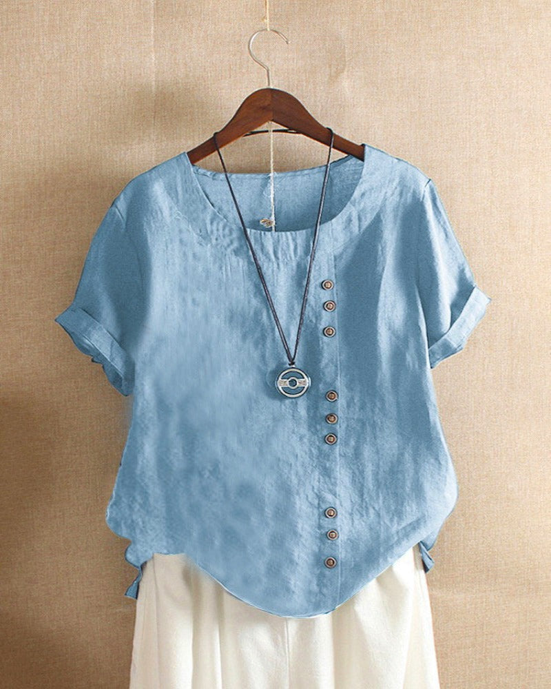 Short Sleeve Cotton Blouse with Button Detail