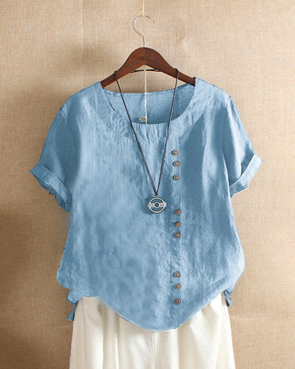 Short Sleeve Cotton Blouse with Button Detail