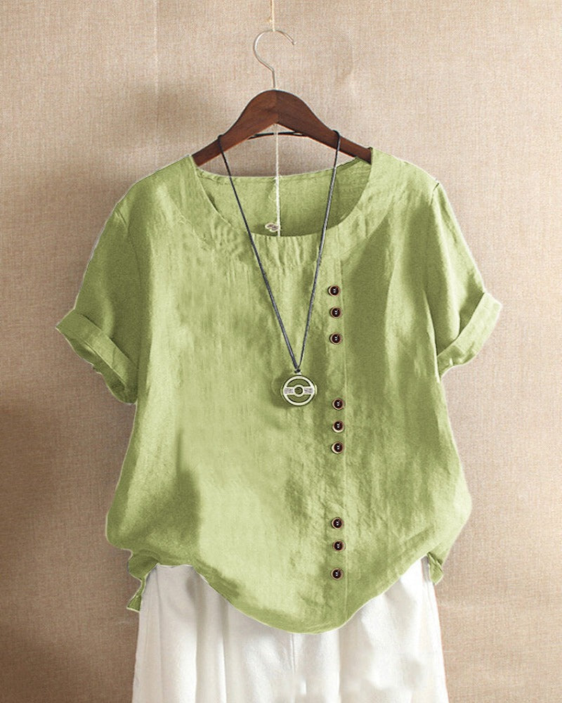 Short Sleeve Cotton Blouse with Button Detail
