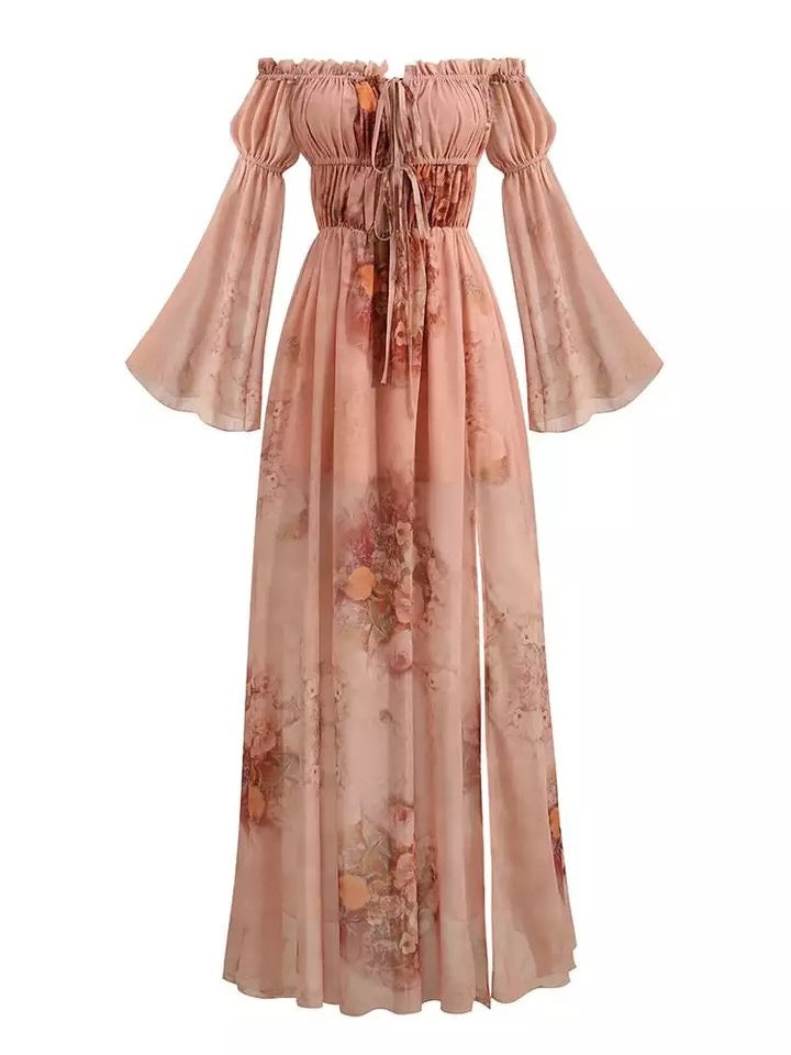 Elegant Off-the-Shoulder Floral Chiffon Dress